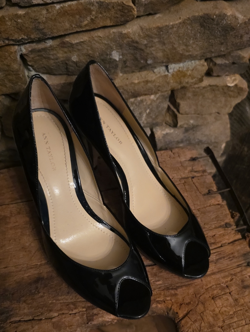 Ann Taylor Black Patent Peep-Toe Heels